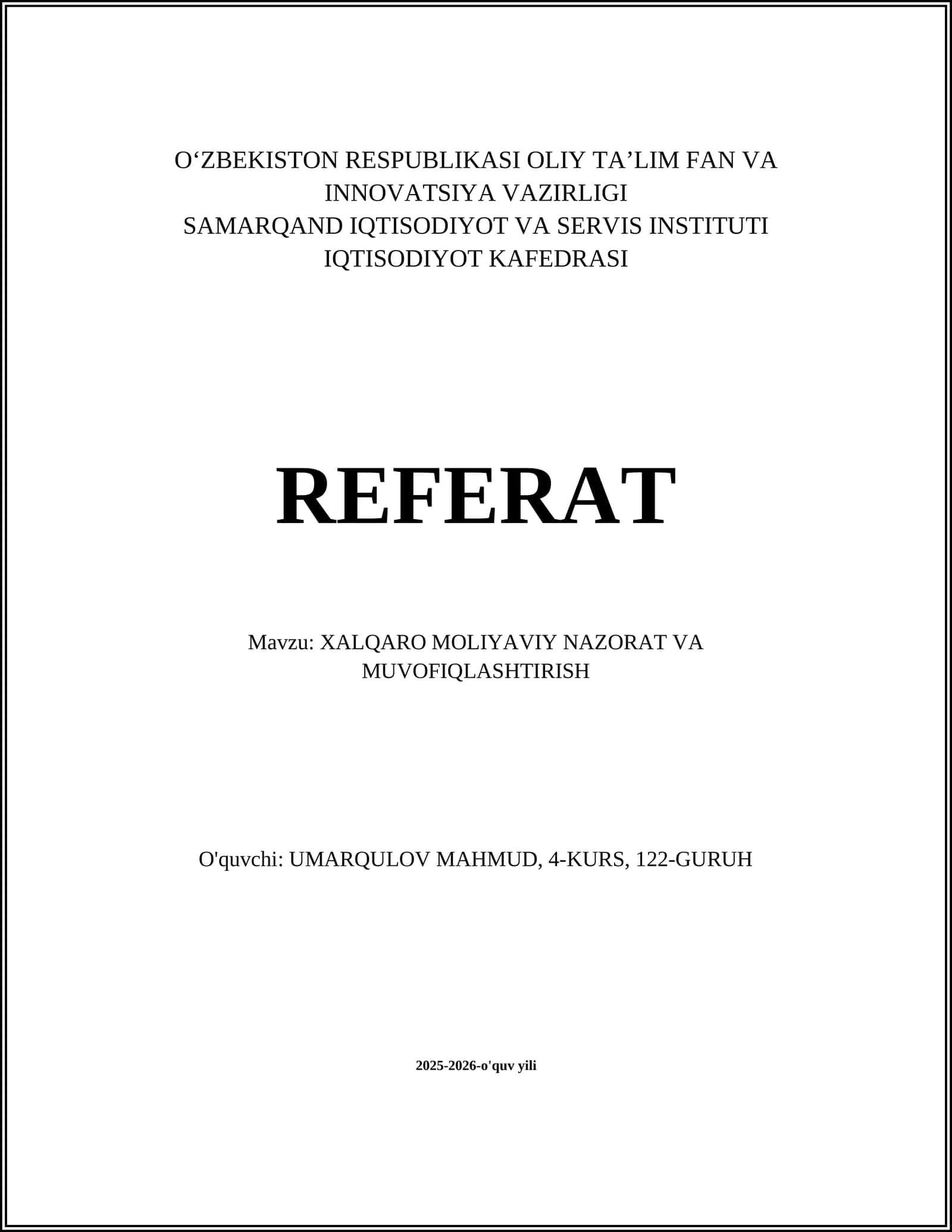 Xalqaro Moliyaviy Nazorat va Muvofiqlashtirish