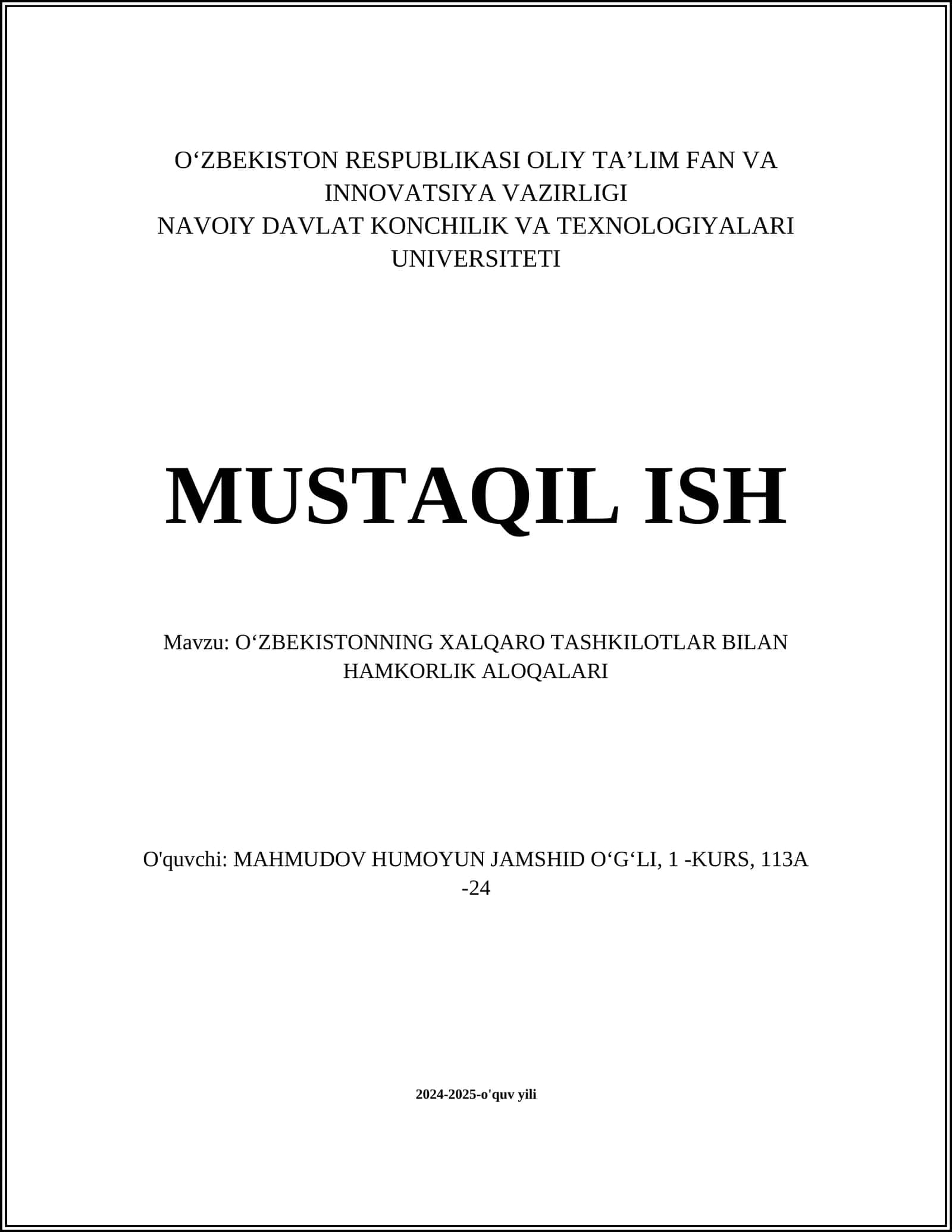 O'ZBEKISTONNING XALQARO TASHKILOTLAR BILAN HAMKORLIK ALOQALARI