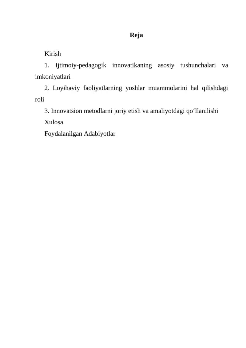 Ijtimoiy-pedagogik innovatika va loyihaviy faoliyat