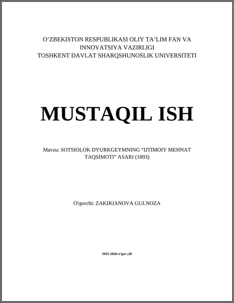 SOTSIOLOK DYURKGEYMNING “IJTIMOIY MEHNAT TAQSIMOTI” ASARI (1893)