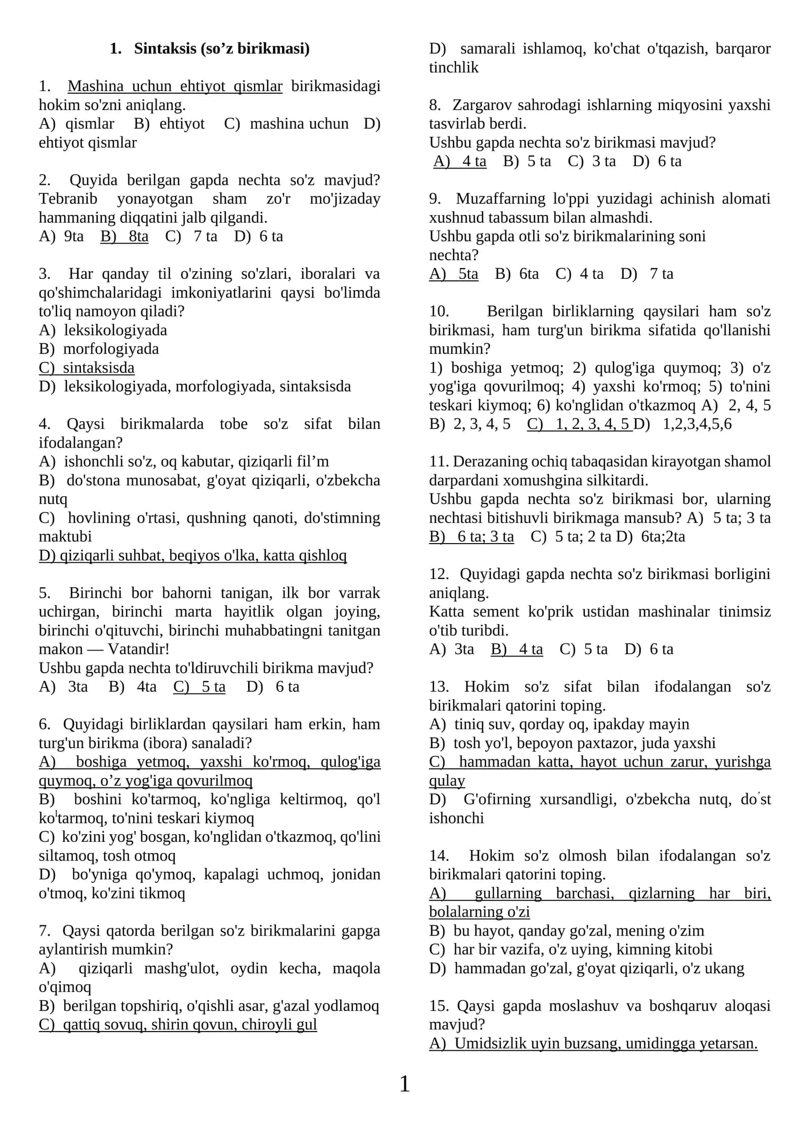 Ona tili fanidan testlar