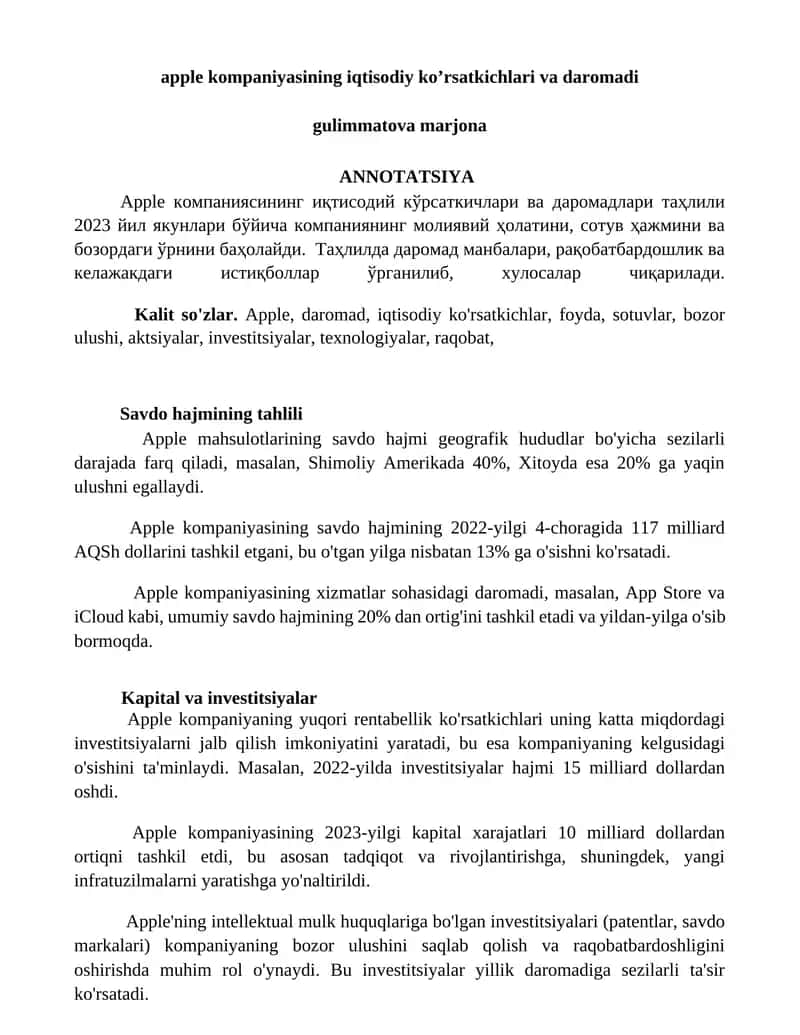 Apple компаниясининг иқтисодий ко’рсаткичлари ва даромадлари таҳлили