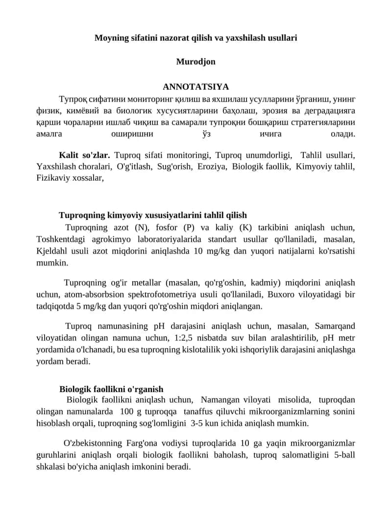 Tuproq sifati monitoringi va yaxshilash usullari