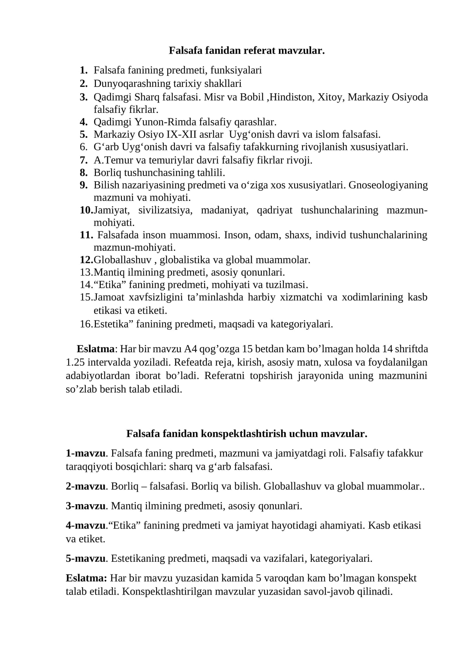 Falsafa fanidan referat mavzular