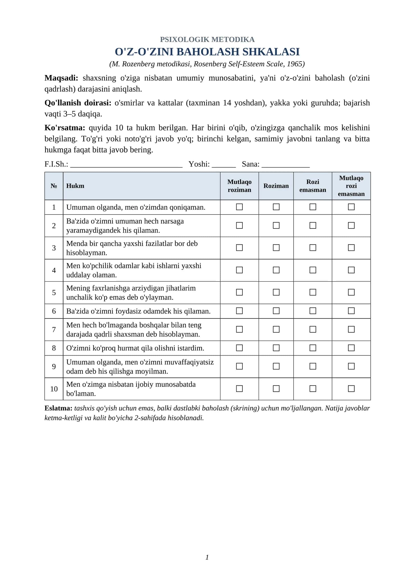 PSIXOLOGIK METODIKA O'Z-O'ZINI BAHOLASH SHKALASI (M. Rozenberg metodikasi, Rosenberg Self-Esteem Scale, 1965)