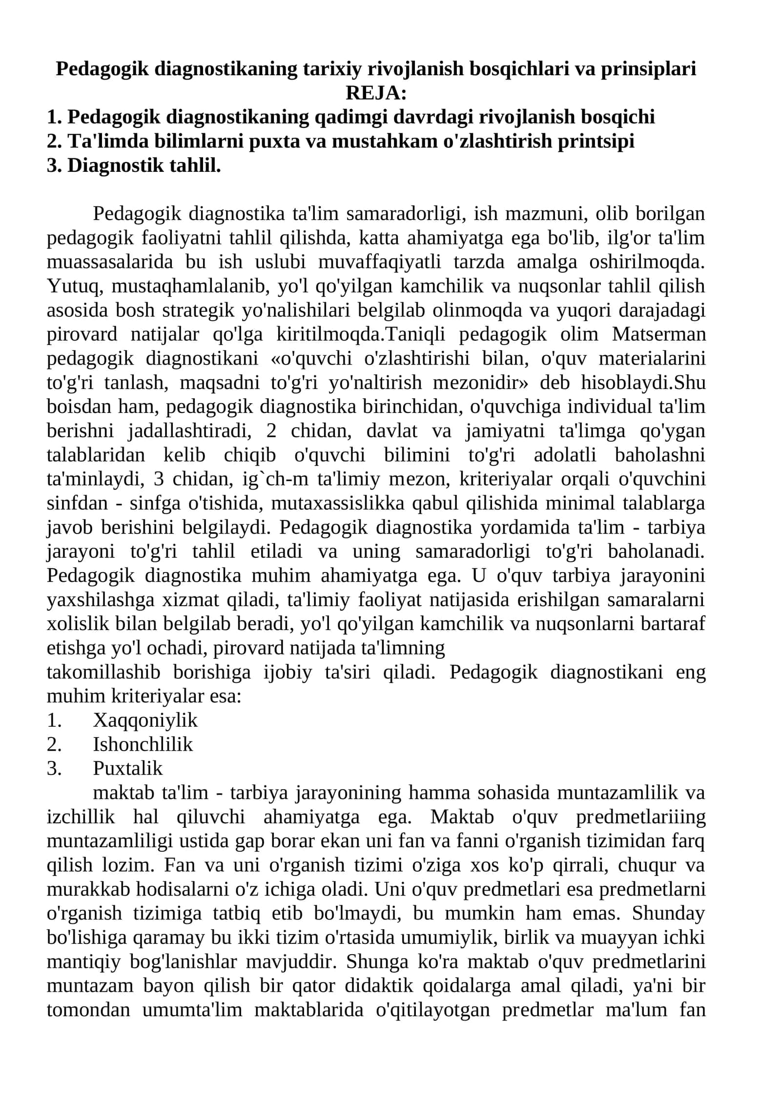 Pedagogik diagnostikaning tarixiy rivojlanish bosqichlari va prinsiplari