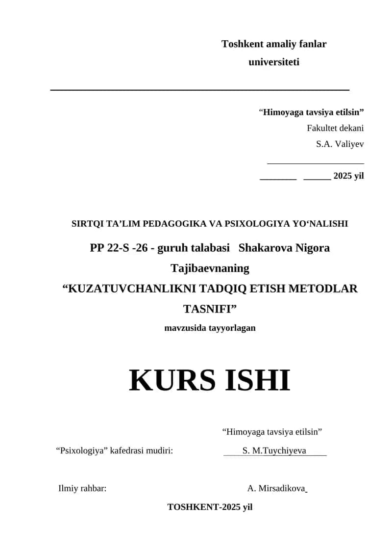 KUZATUVCHANLIKNI TADQIQ ETISH METODLAR TASNIFI