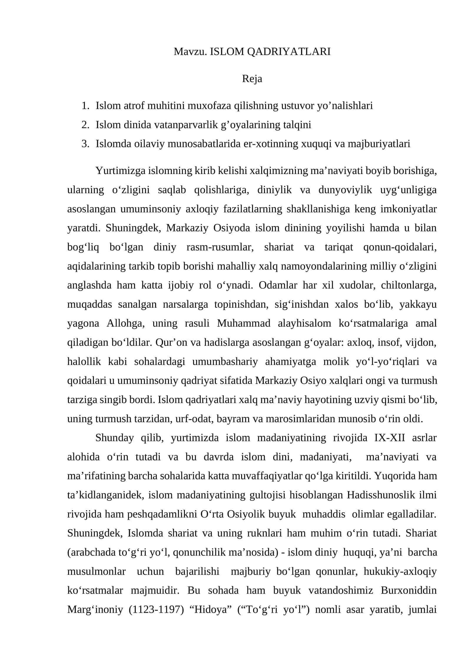 ISLOM QADRIYATLARI