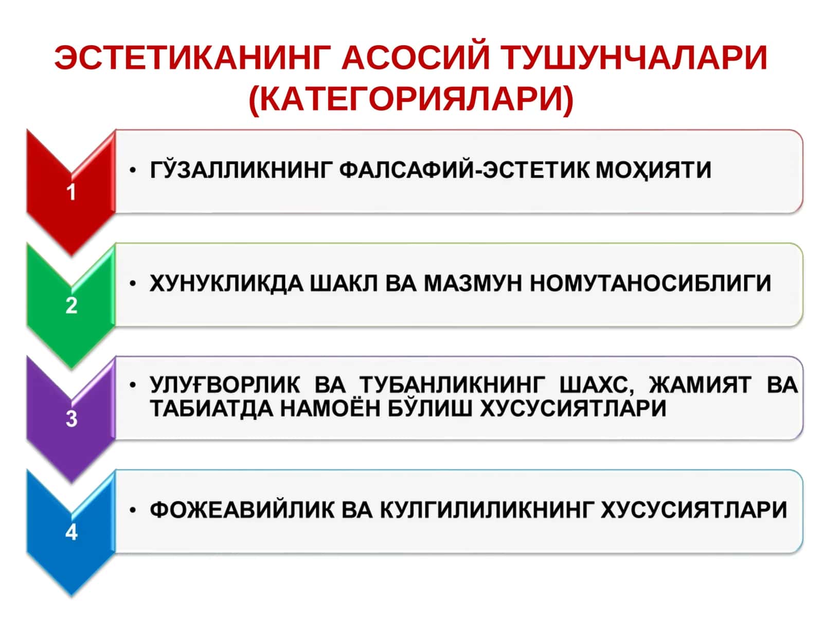 ЭСТЕТИКАНИНГ АСОСИЙ ТУШУНЧАЛАРИ(КАТЕГОРИЯЛАРИ)