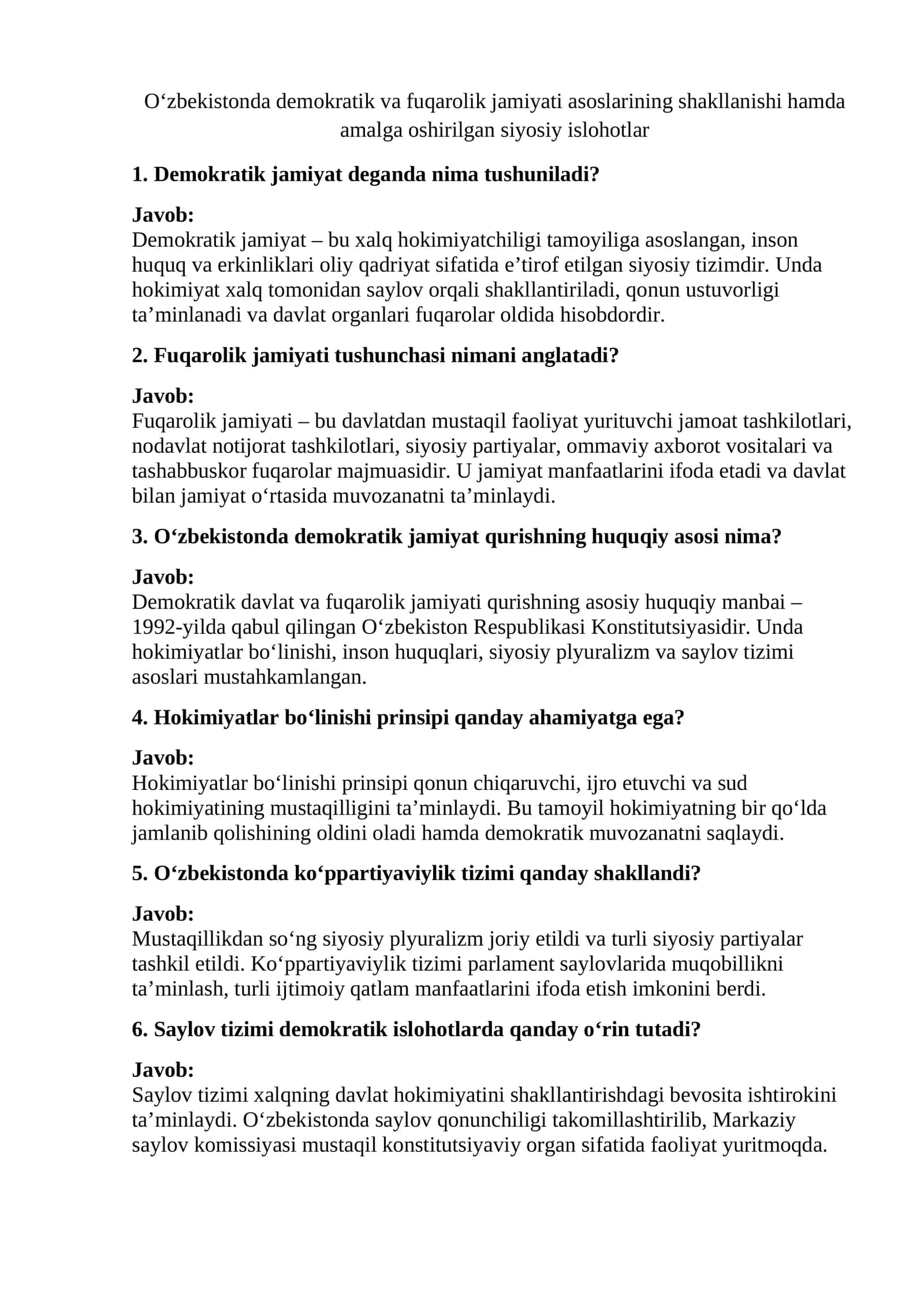 O‘zbekistonda demokratik va fuqarolik jamiyati asoslarining shakllanishi hamda amalga oshirilgan siyosiy islohotlar