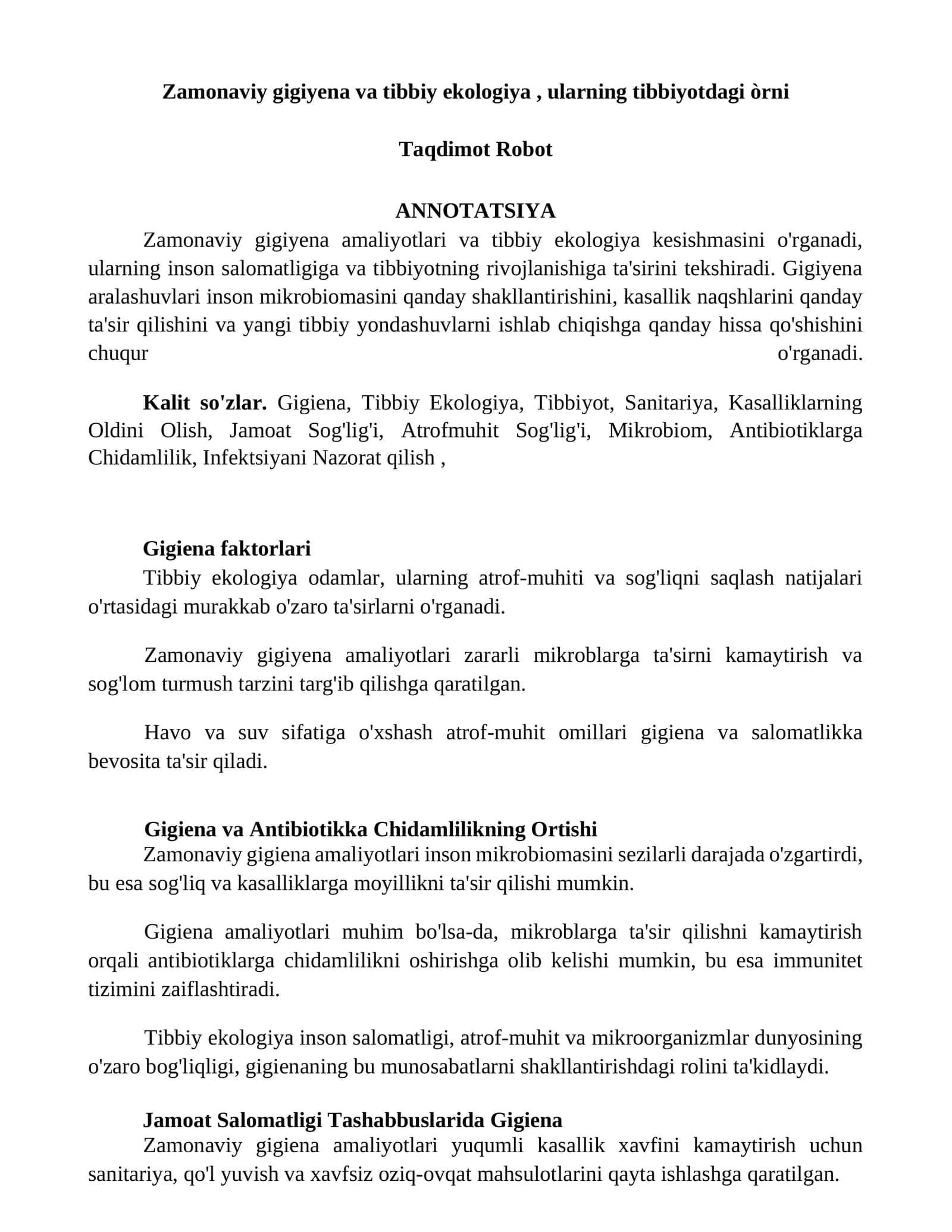 Zamonaviy gigiyena va tibbiy ekologiya
