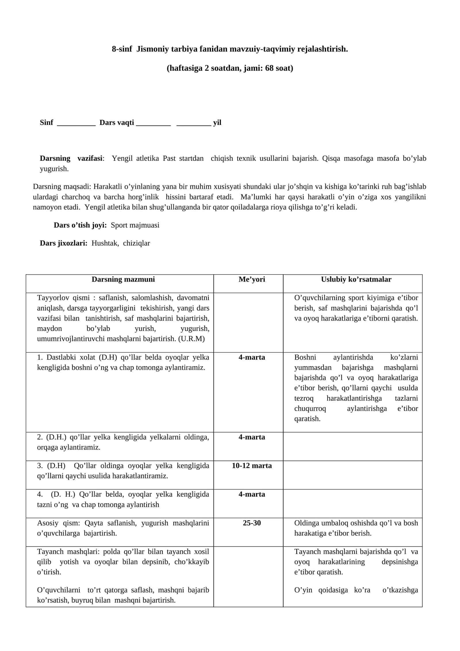 8-sinf Jismoniy tarbiya fanidan mavzuiy-taqvimiy rejalashtirish