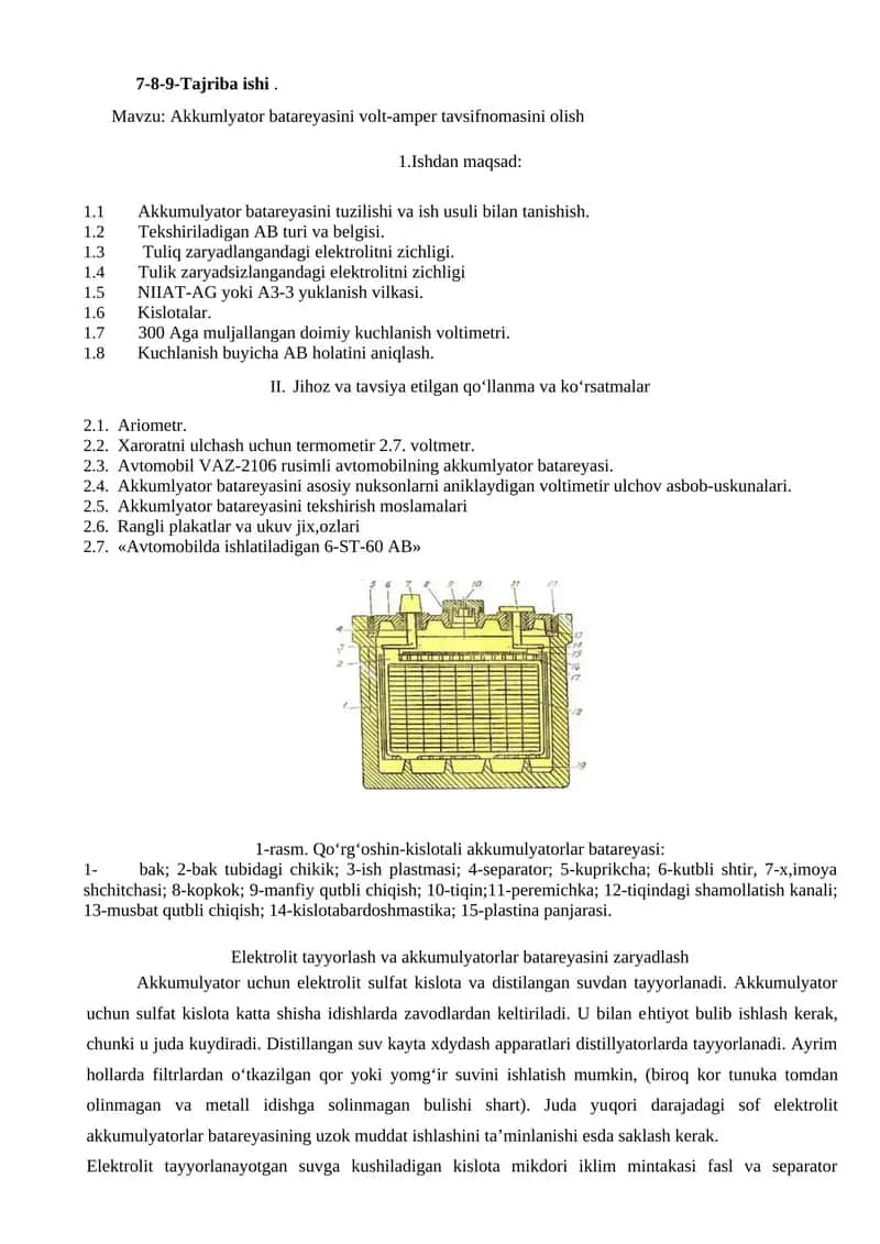 Akkumlyator batareyasini volt-amper tavsifnomasini olish