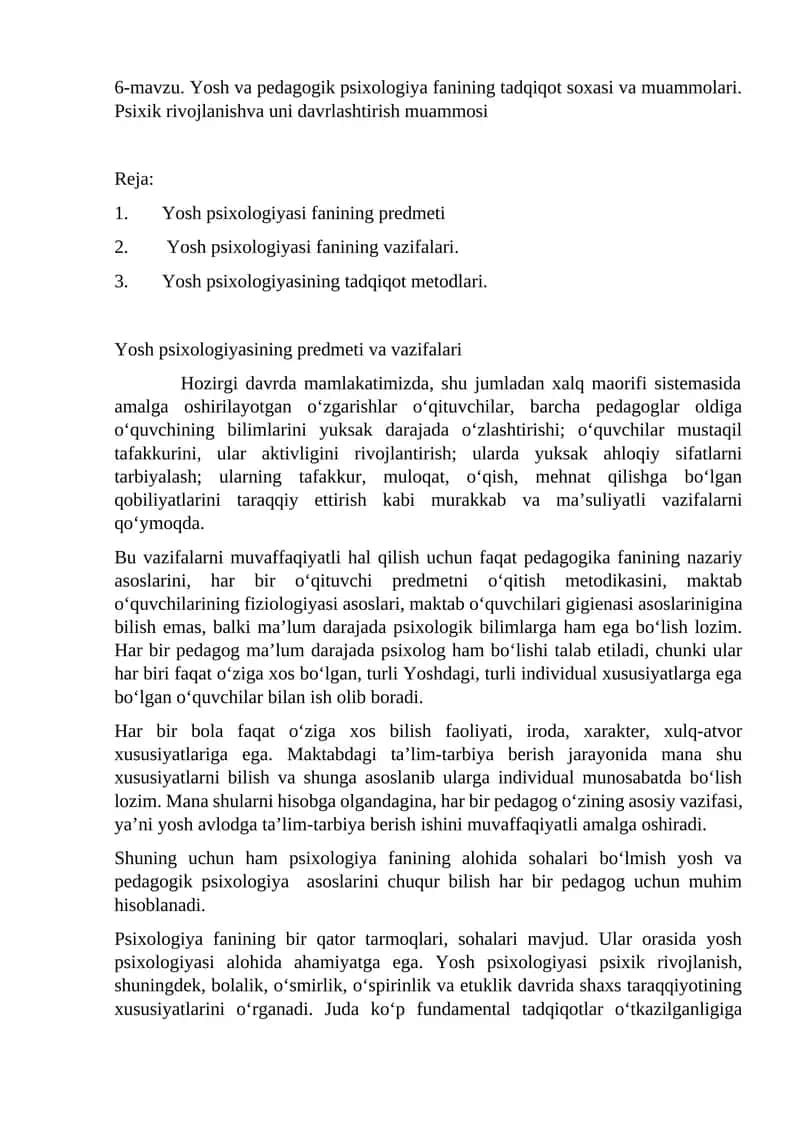 Yosh va Pedagogik Psixologiya Fanining Tadqiqot Soxasi va Muammolari