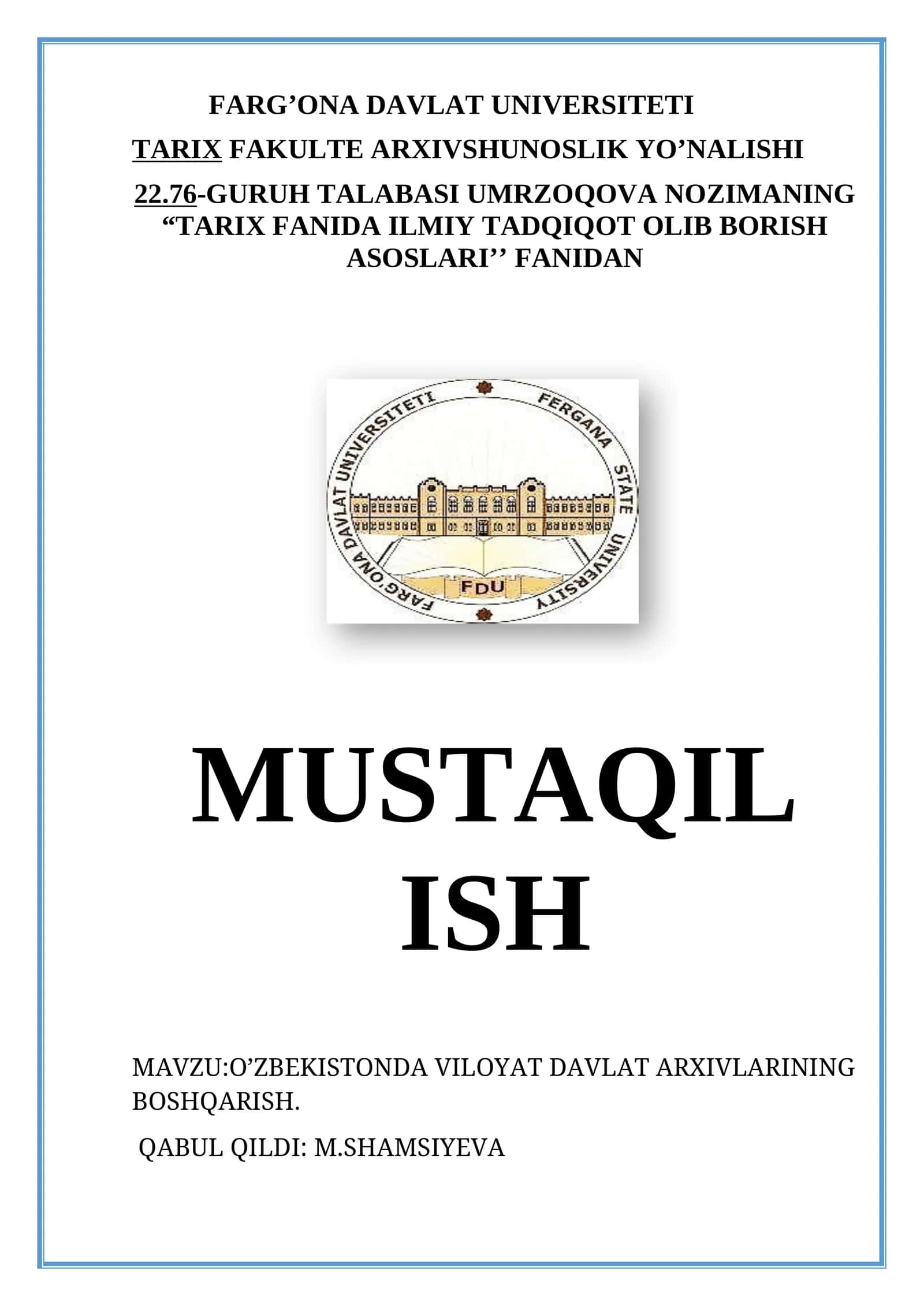TARIX FAKULTESI ARXIVSHUNOSLIK YO'NALISHI