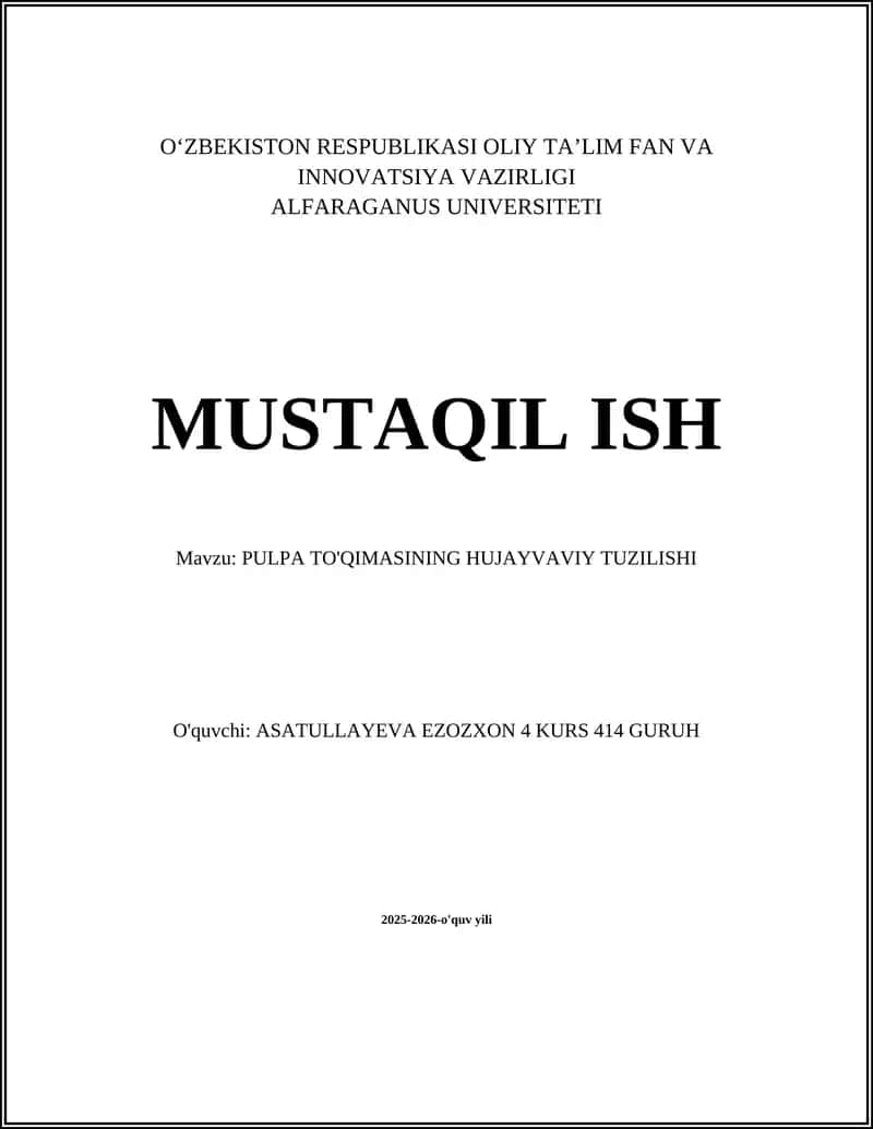 Pulpa To'qimasinin Hujayvaviy Tuzilishi