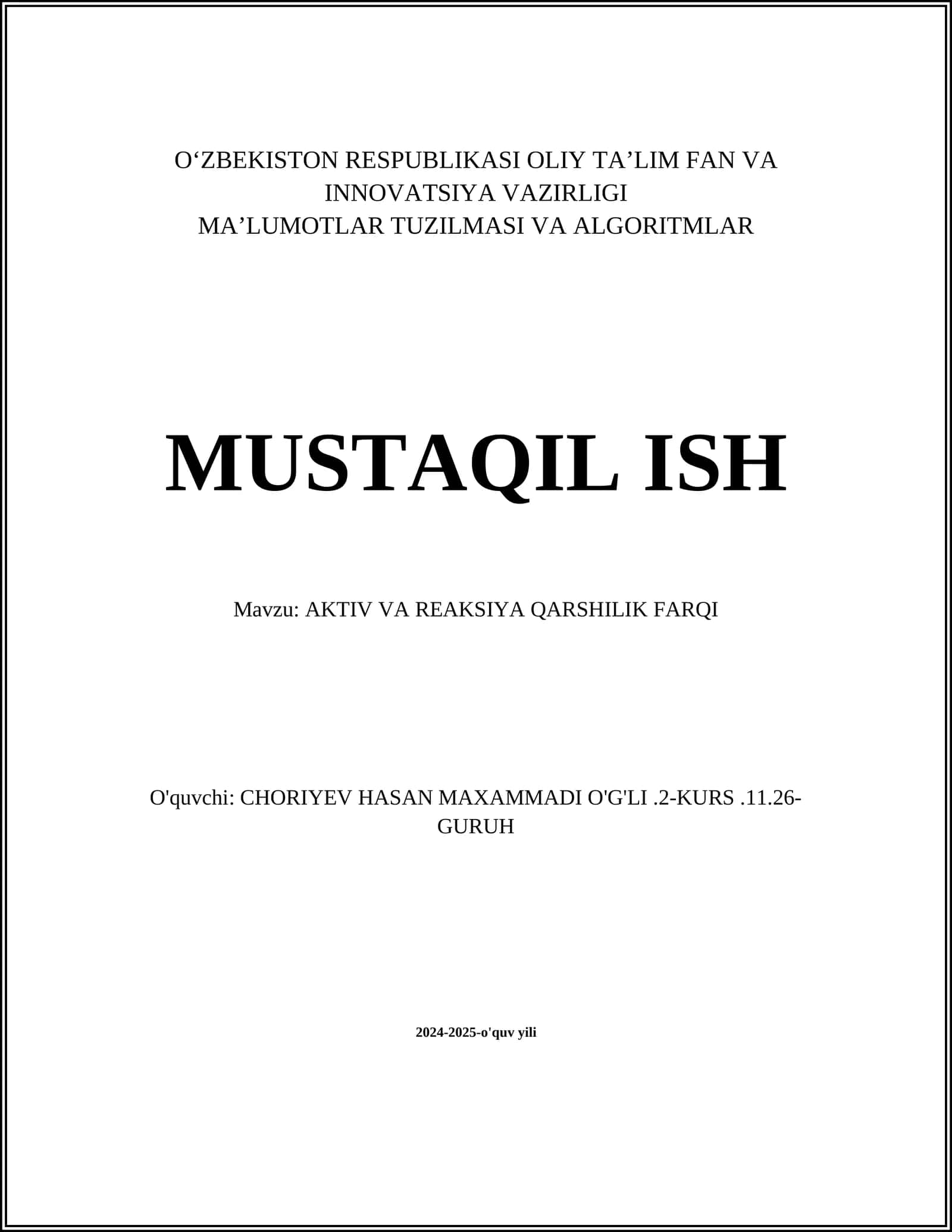 AKTIV VA REAKSIYA QARSHILIK FARQI