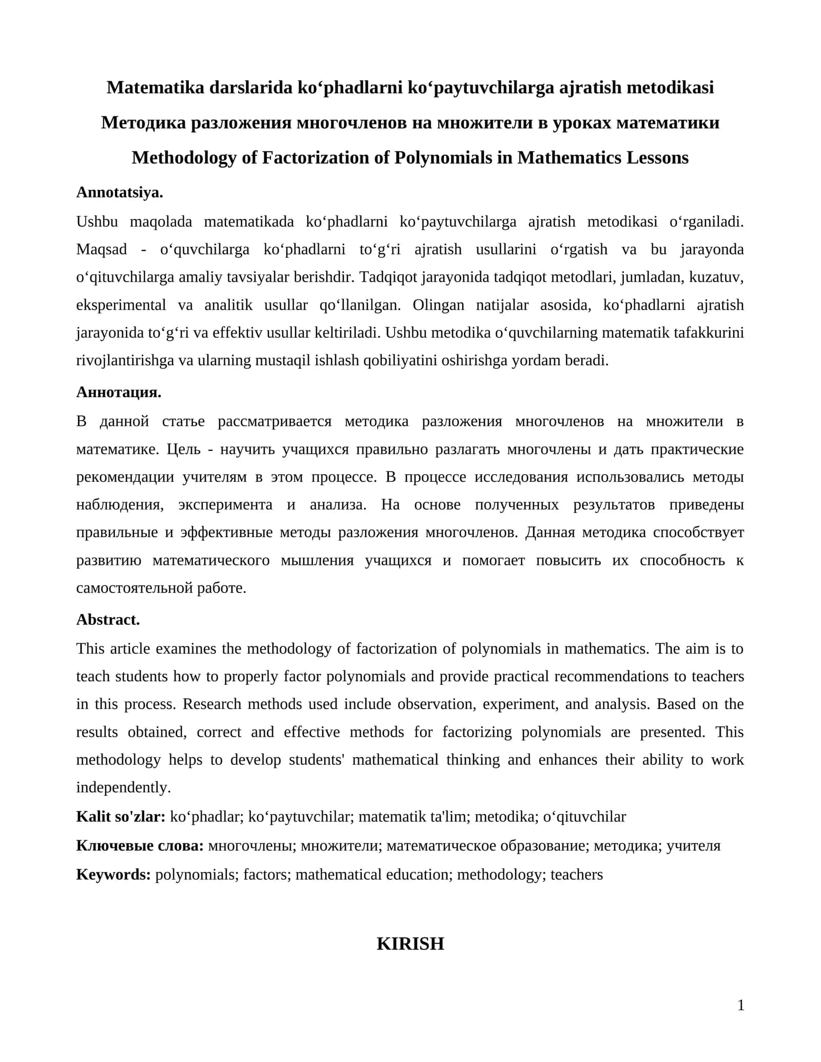 Matematikada koʻphadlarni koʻpaytuvchilarga ajratish metodikasi