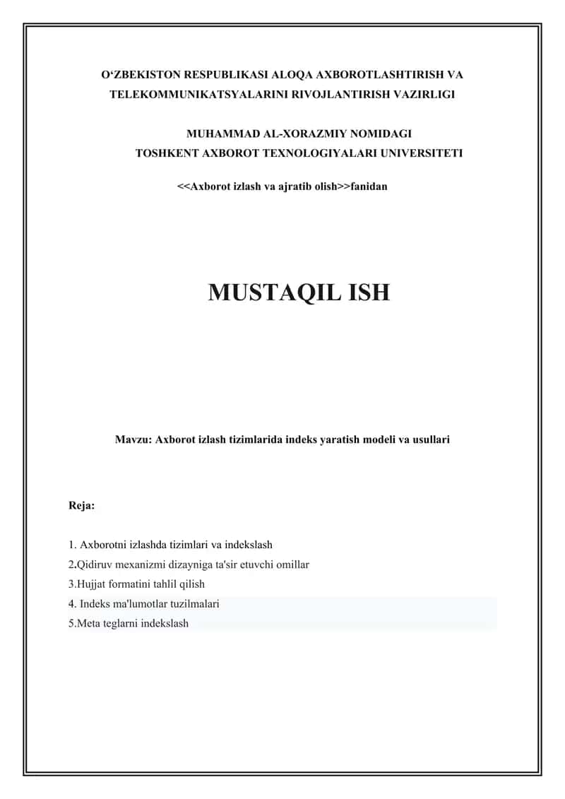Axborot izlash tizimlarida indeks yaratish modeli va usullari