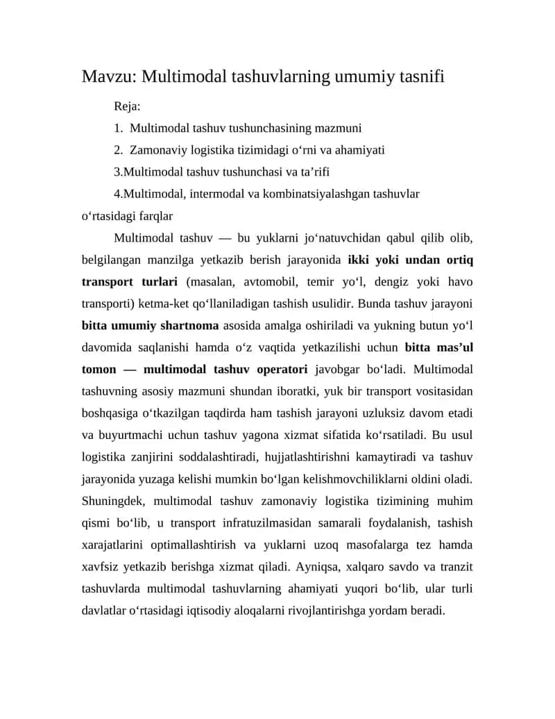 Multimodal tashuvlarning umumiy tasnifi