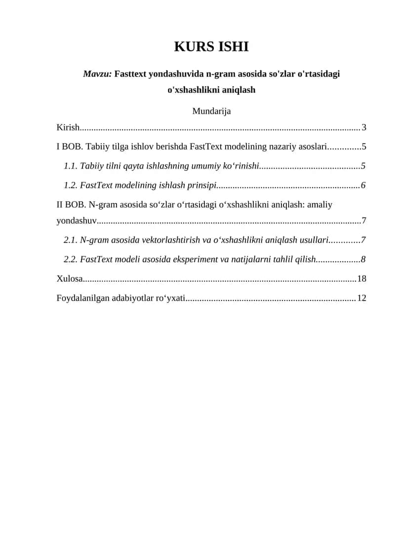 Fasttext yondashuvida n-gram asosida so'zlar o'rtasidagi o'xshashlikni aniqlash