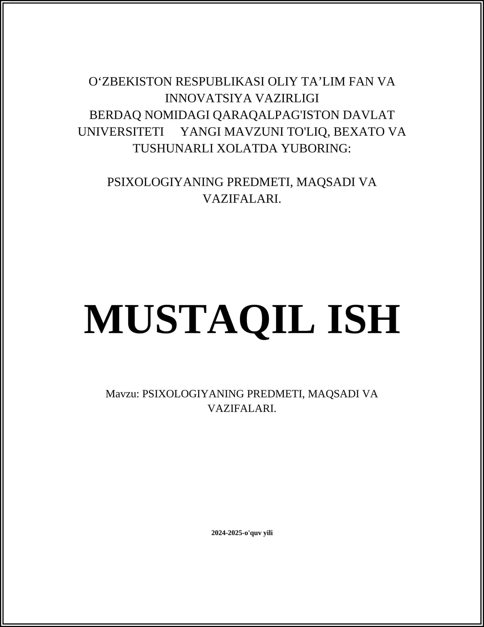 PSIXOLOGIYANING PREDMETI, MAQSADI VA VAZIFALARI