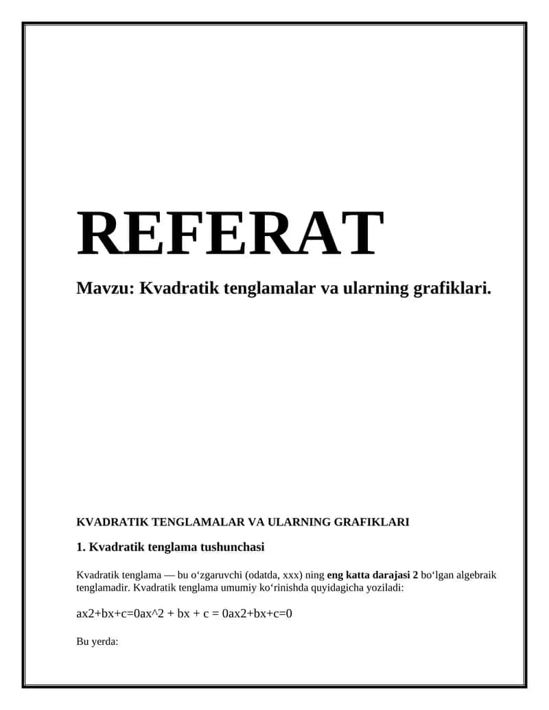 Kvadratik tenglamalar va ularning grafiklari