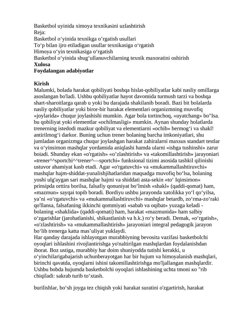 Basketbol uyinida ximoya texnikasini uzlashtirish