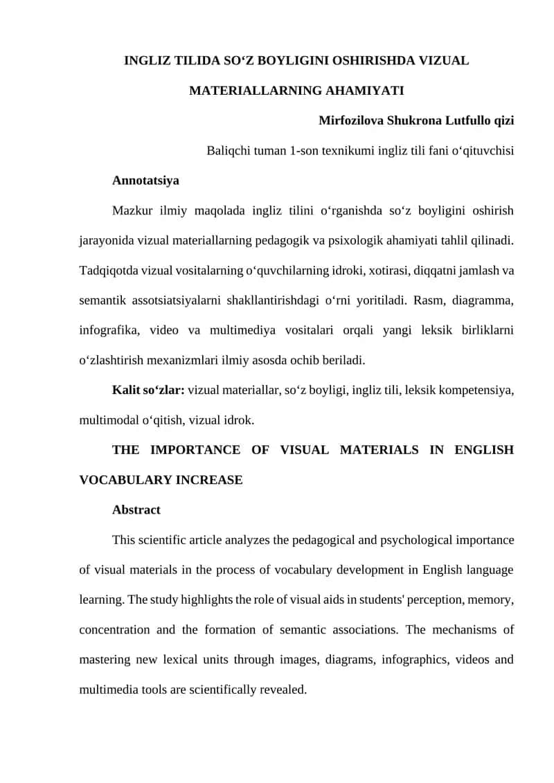 INGLIZ TILIDA SOʻZ BOYLIGINI OSHIRISHDA VIZUAL MATERIALLARNING AHAMIYATI