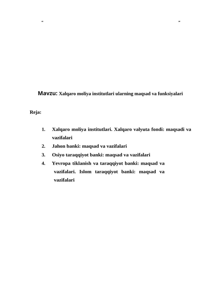 Xalqaro moliya institutlari ularning maqsad va funksiyalari
