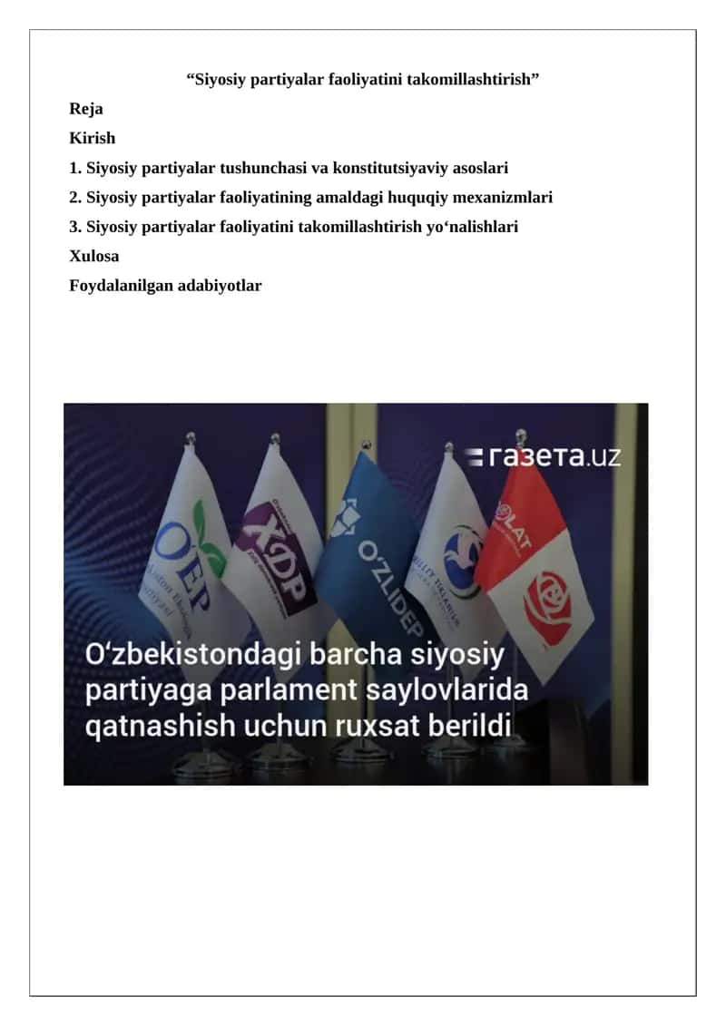 Siyosiy partiyalar faoliyatini takomillashtirish