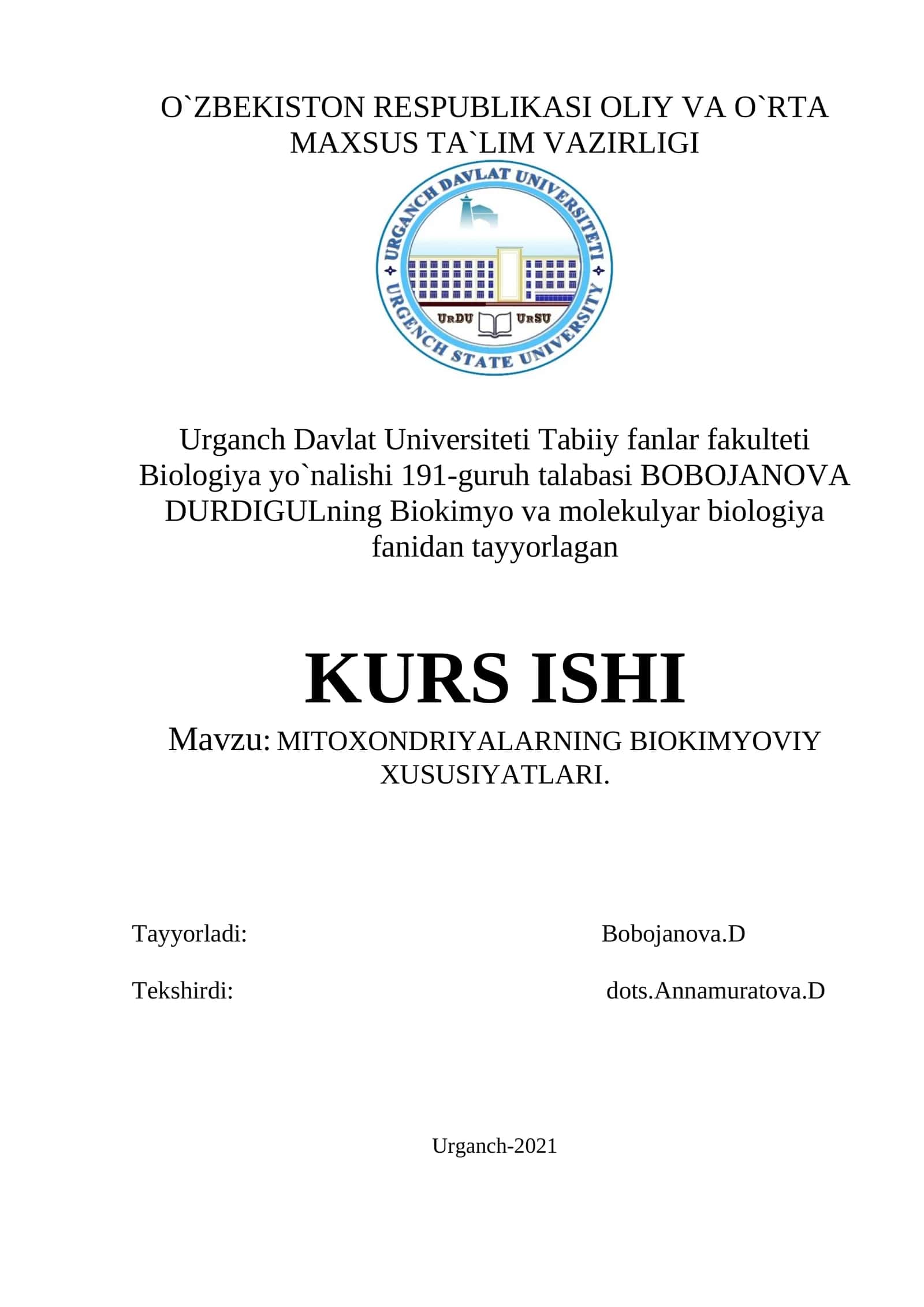 MITOXONDRIYALARNING BIOKIMYOVIY XUSUSIYATLARI