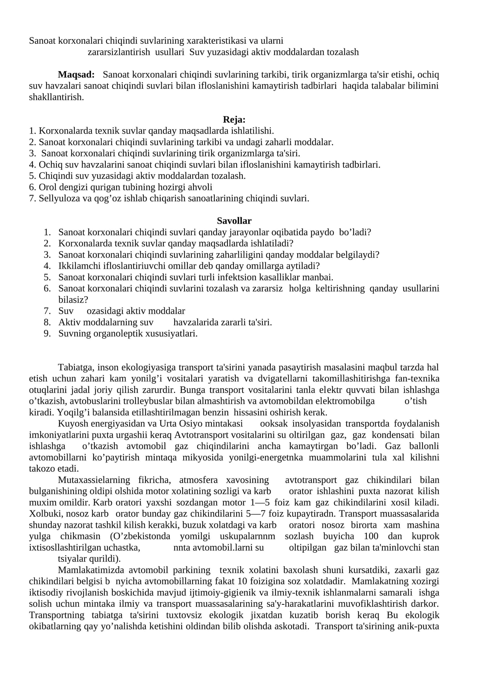 Sanoat korxonalari chiqindi suvlarining xaraktеristikasi va ularni zararsizlantirish usullari