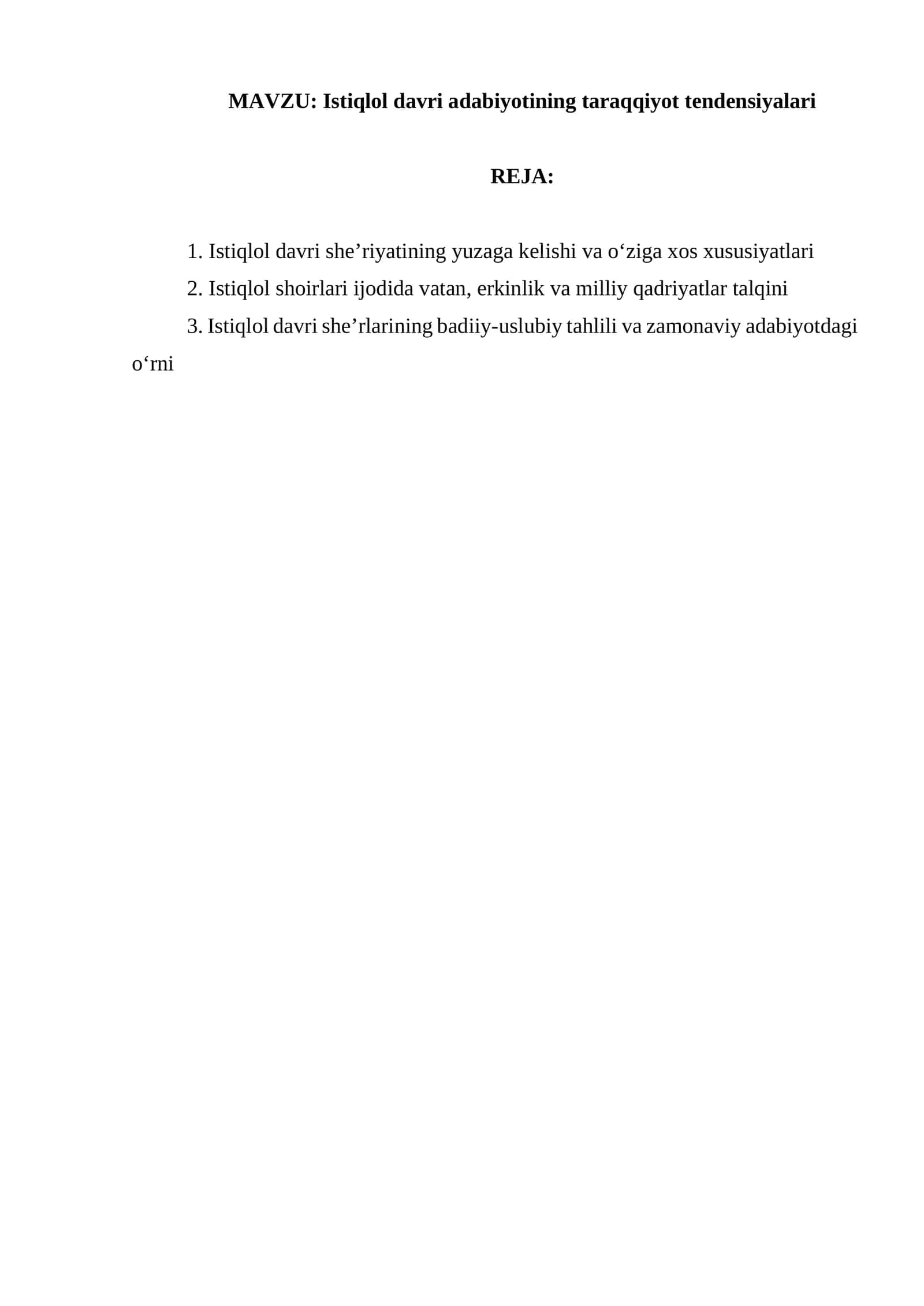 Istiqlol davri adabiyotining taraqqiyot tendensiyalari