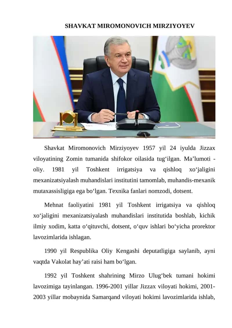 SHAVKAT MIROMONOVICH MIRZIYOYEV