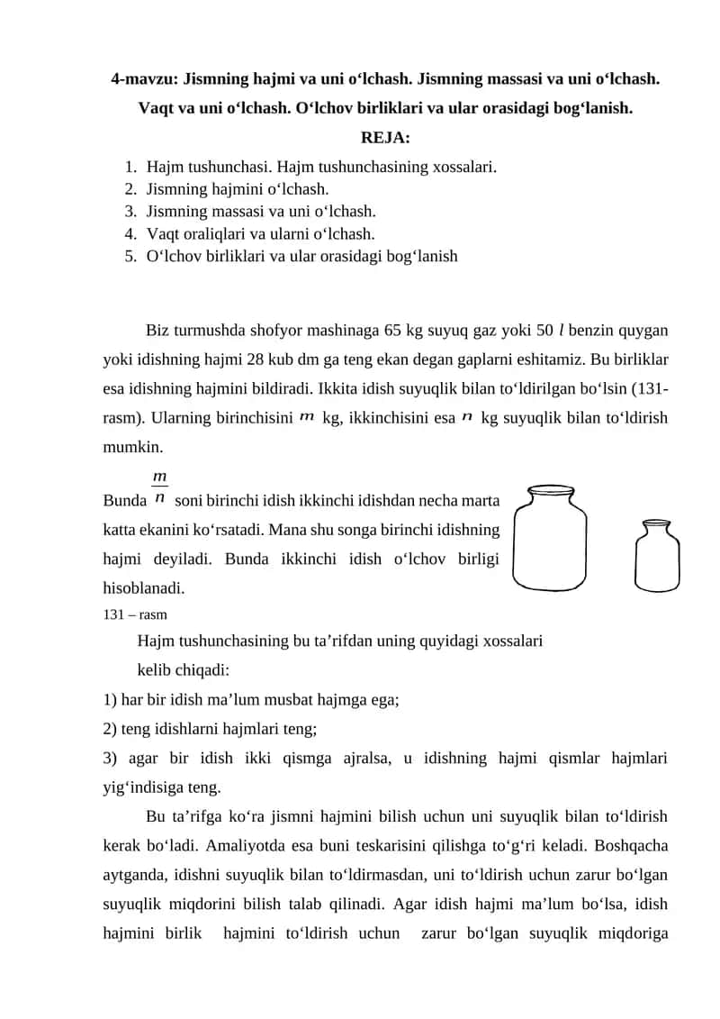 Jismning hajmi va uni o‘lchash