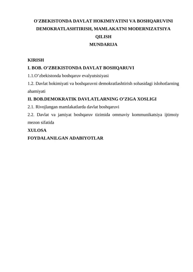 O’ZBEKISTONDA DAVLAT HOKIMIYATINI VA BOSHQARUVINI DEMOKRATLASHTIRISH