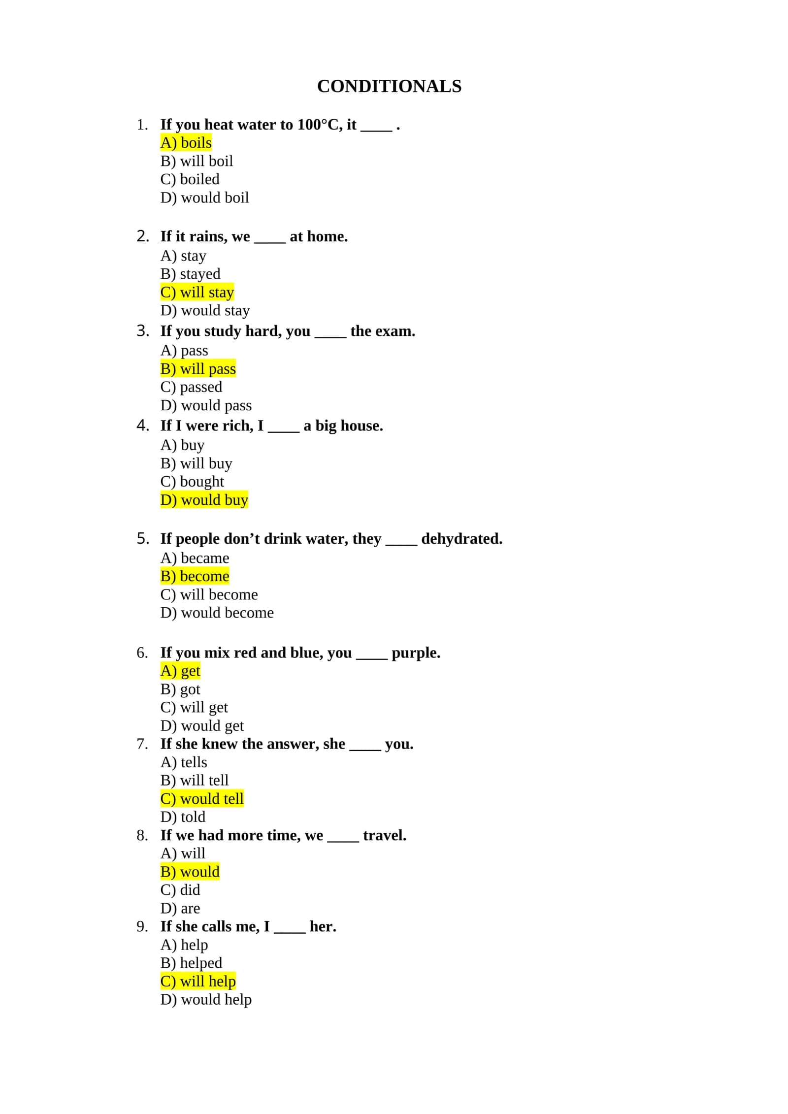 100 ta attetstatsiyaga tayyorlanish uchun Conditionals mavzusi yuzasidan tuzilgan testlar