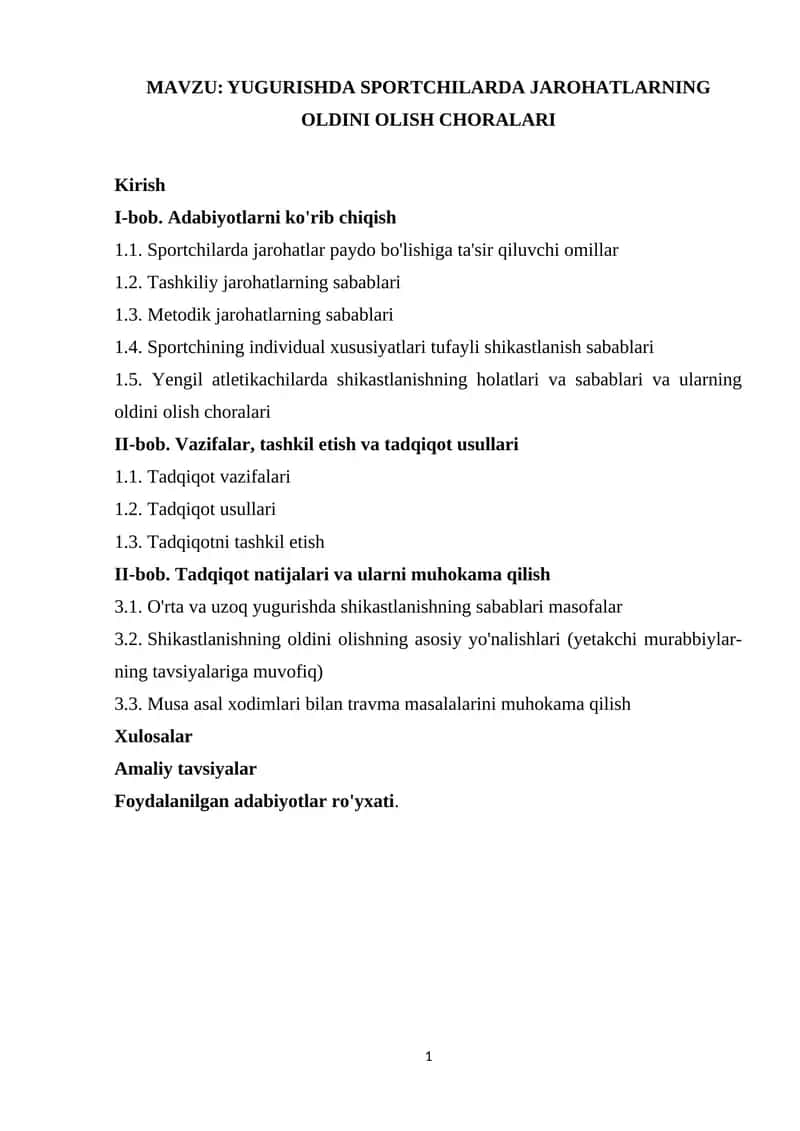 YUGURISHDA SPORTCHILARDA JAROHATLARNING OLDINI OLISH CHORALARI