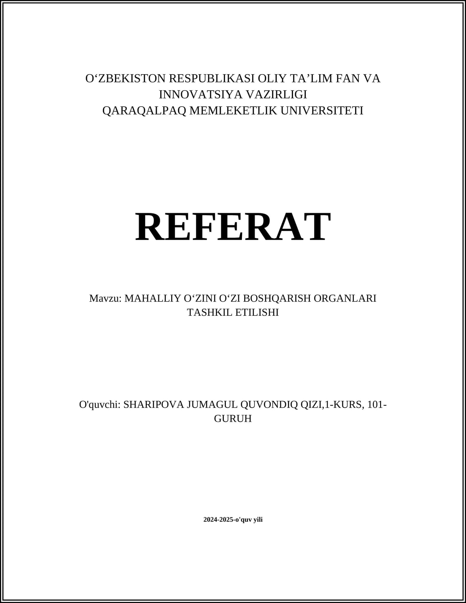MAHALLIY OʻZINI OʻZI BOSHQARISH ORGANLARI TASHKIL ETILISHI