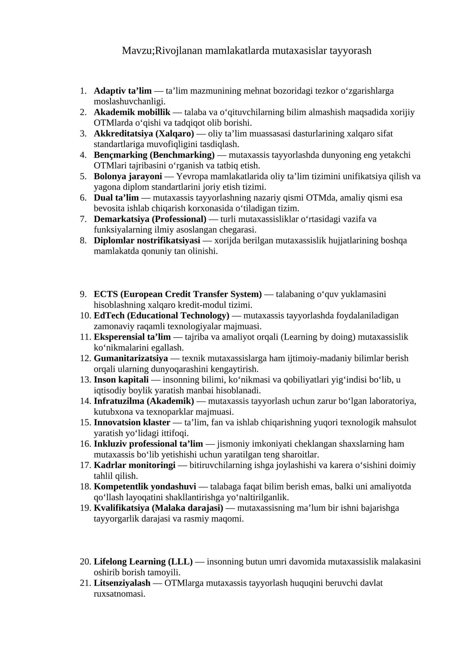 Rivojlanan mamlakatlarda mutaxasislar tayyorash