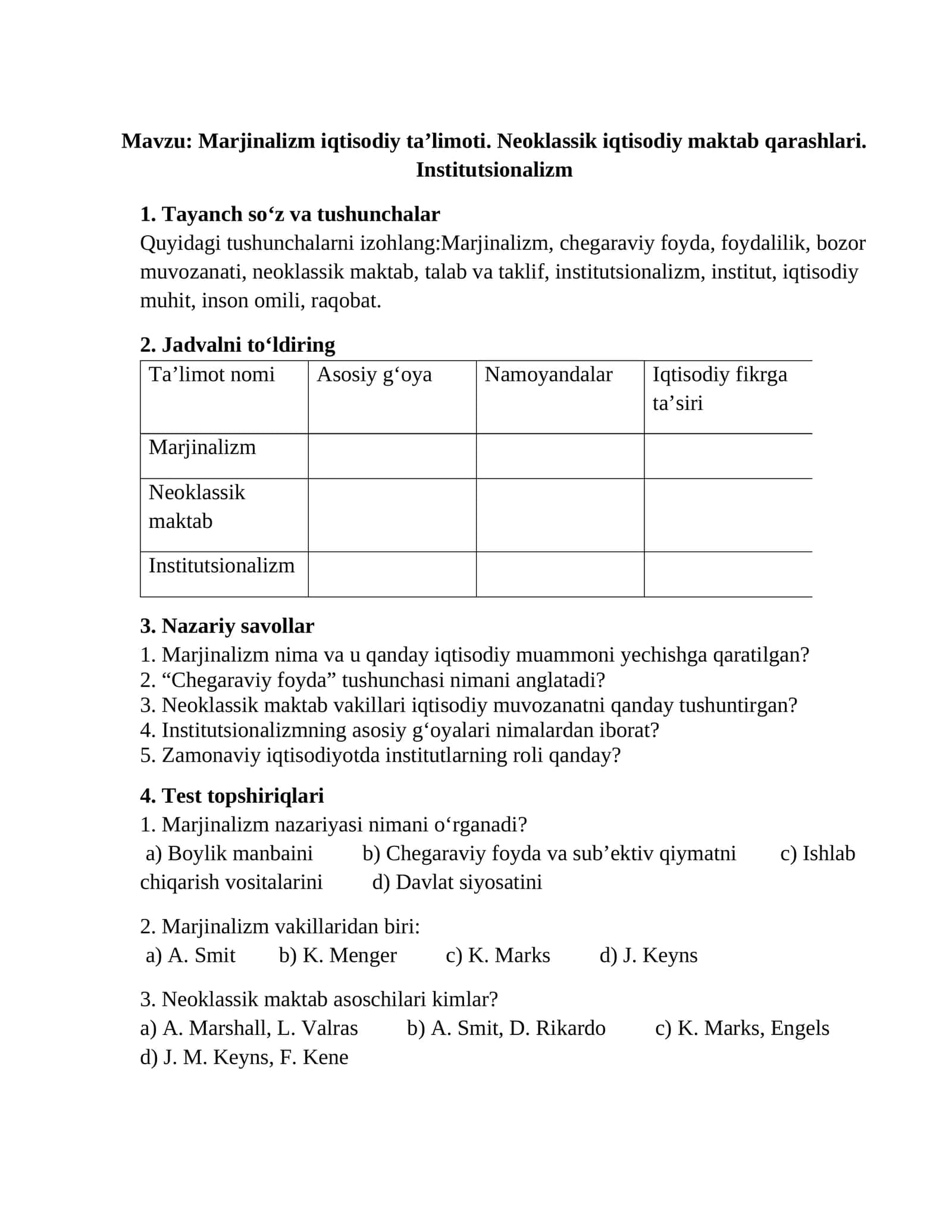 Marjinalizm iqtisodiy ta’limoti. Neoklassik iqtisodiy maktab qarashlari. Institutsionalizm