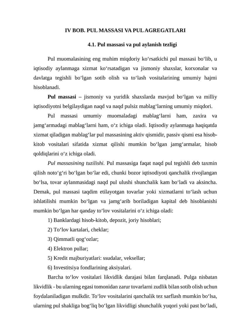 PUL MASSASI VA PUL AGREGATLARI
