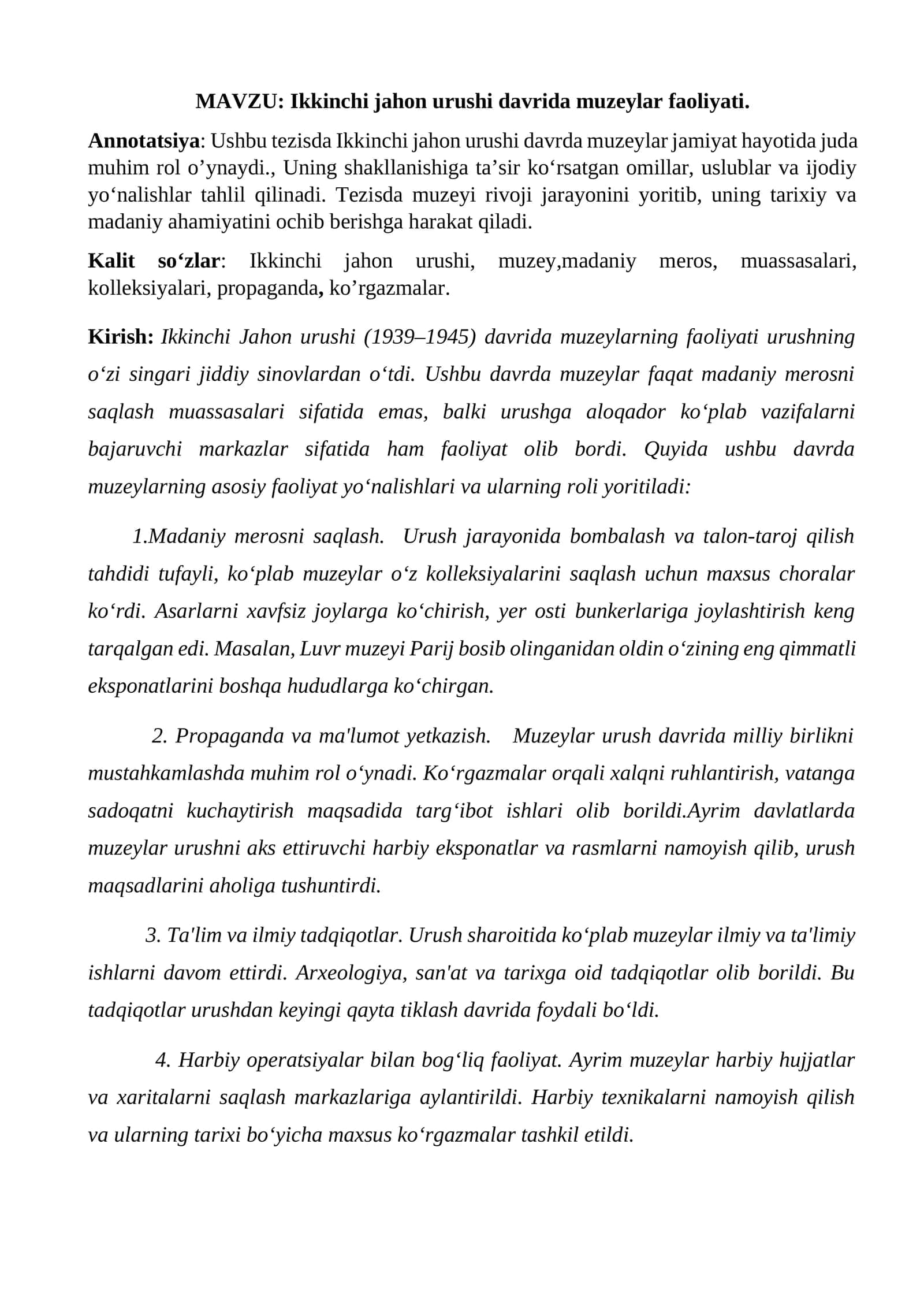 Ikkinchi jahon urushi davrida muzeylar faoliyati