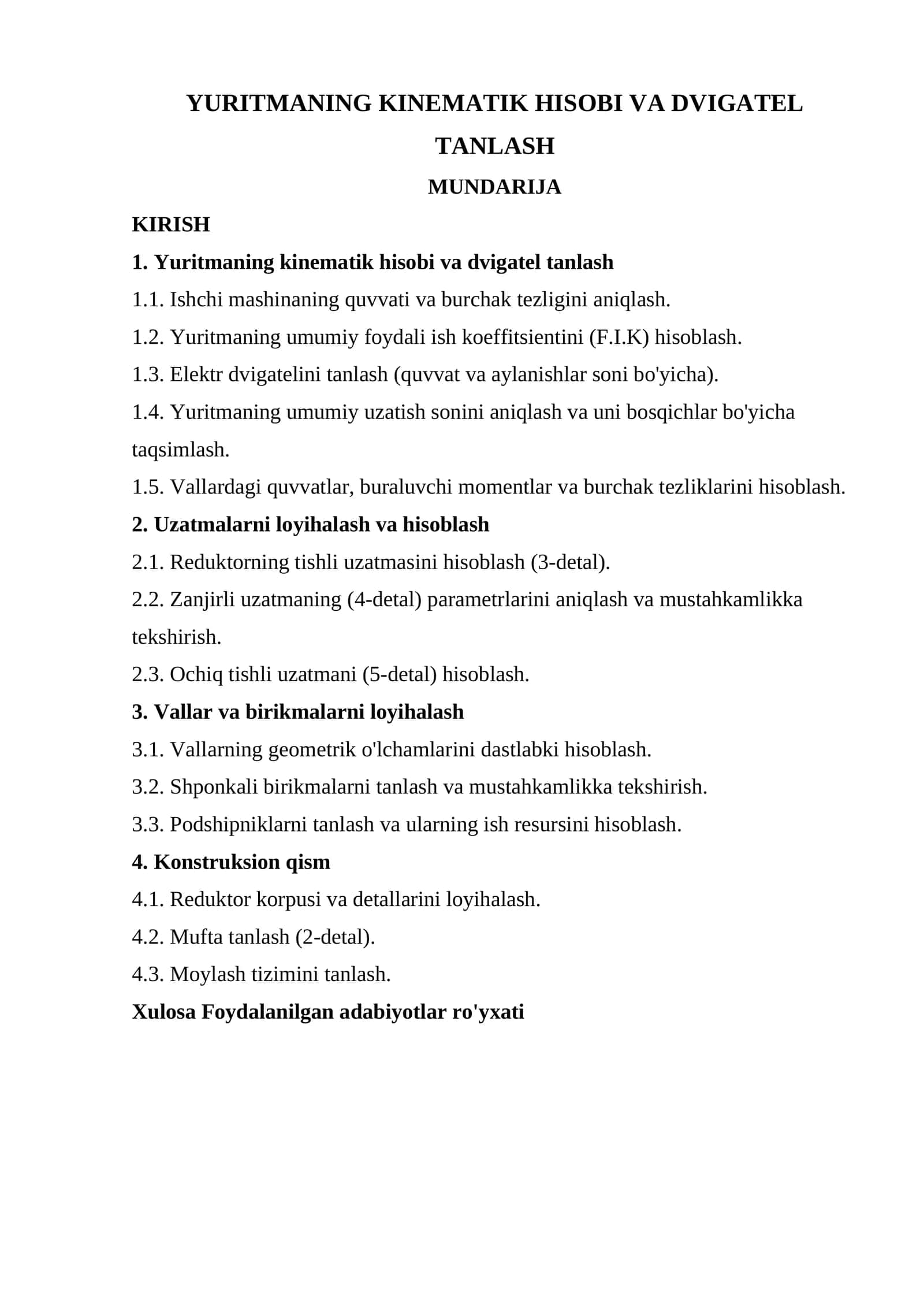 YURITMANING KINEMATIK HISOBI VA DVIGATEL TANLASH