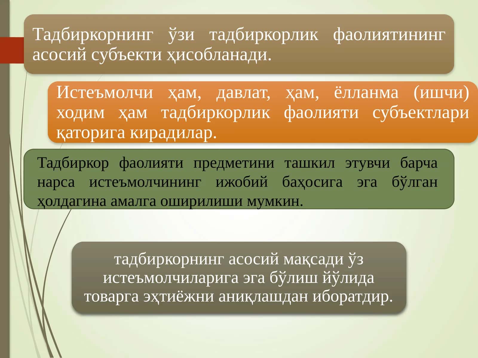 Тадбиркор фаолияти предметини ташкил этувчи