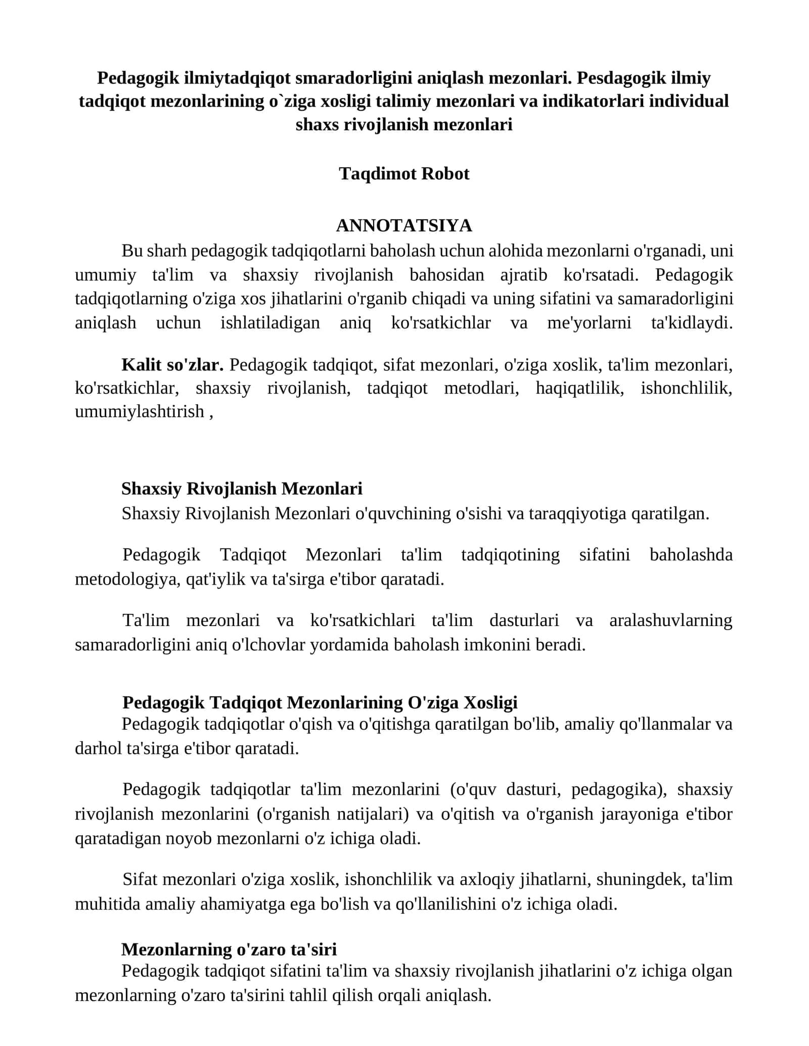 Pedagogik ilmiytadqiqot smaradorligini aniqlash mezonlari