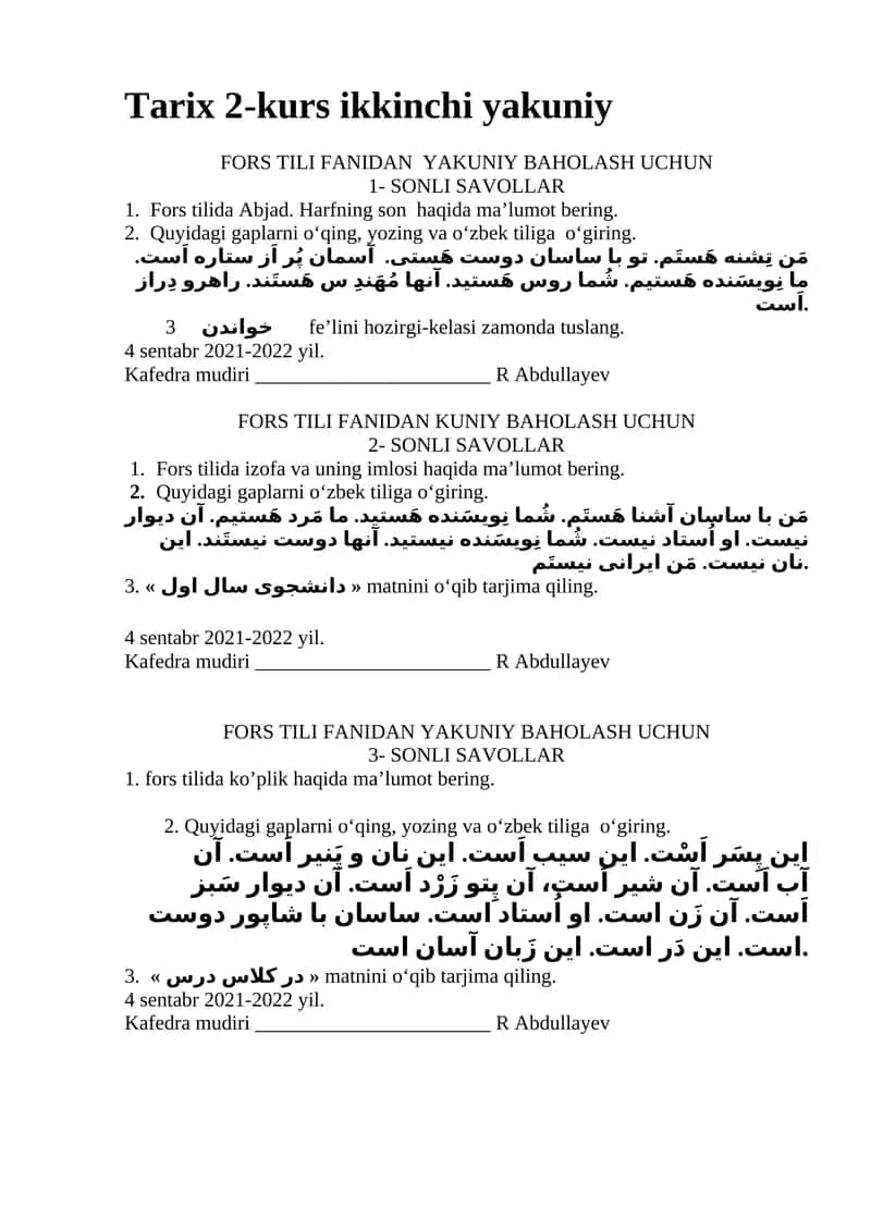 Fors Tili Fanidan Yakuniy Baholash Uchun