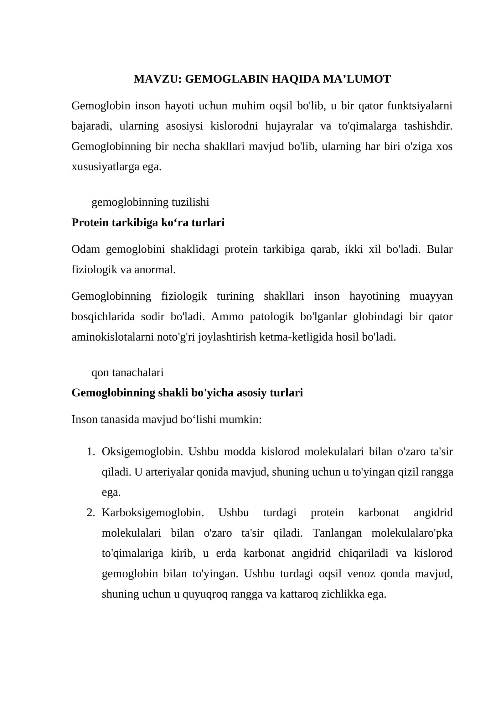 GEMOGLABIN HAQIDA MA’LUMOT