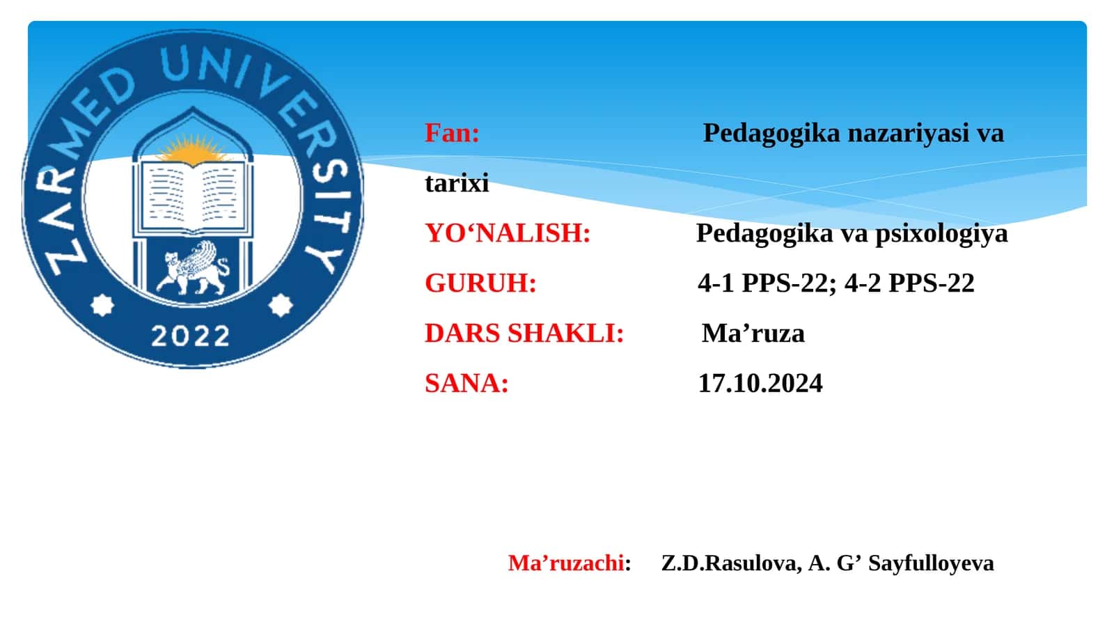 1917-1945 yillarda O‘zbekistonda ta’lim tizimi va pedagogik fikrlar rivoji.1945-1990 yillarda O‘zbekistonda ta’lim tizimi va pedagogika fani rivoji. Mustaqil O‘zbeksiton Respublikasi ta’lim tizimi.Mustaqillik yillarida pedagogik fikrlar rivoji